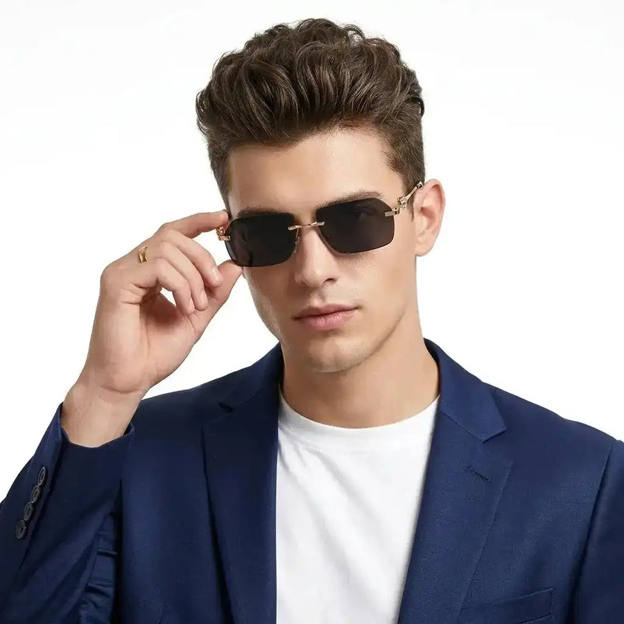 Panther | Black Medium Rim Less RECTANGLE Sunglasses for Men & Women [UV-protected]