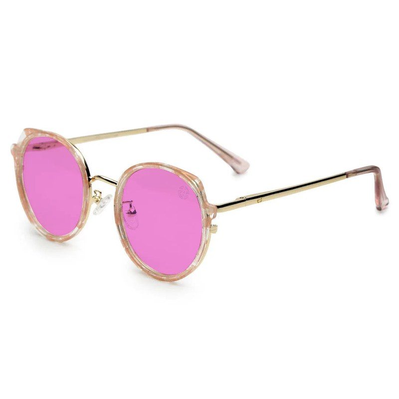 Photogrey | Texture Pink & Golden Medium Full Rim Round Sunglasses for Men & Women [Photochromic]