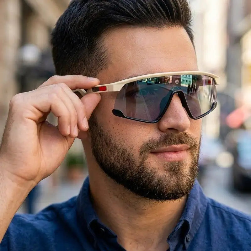 Pulse | Cream & Black Large Half Rim Shield Sports Sunglasses for Men & Women [MIRRORED]