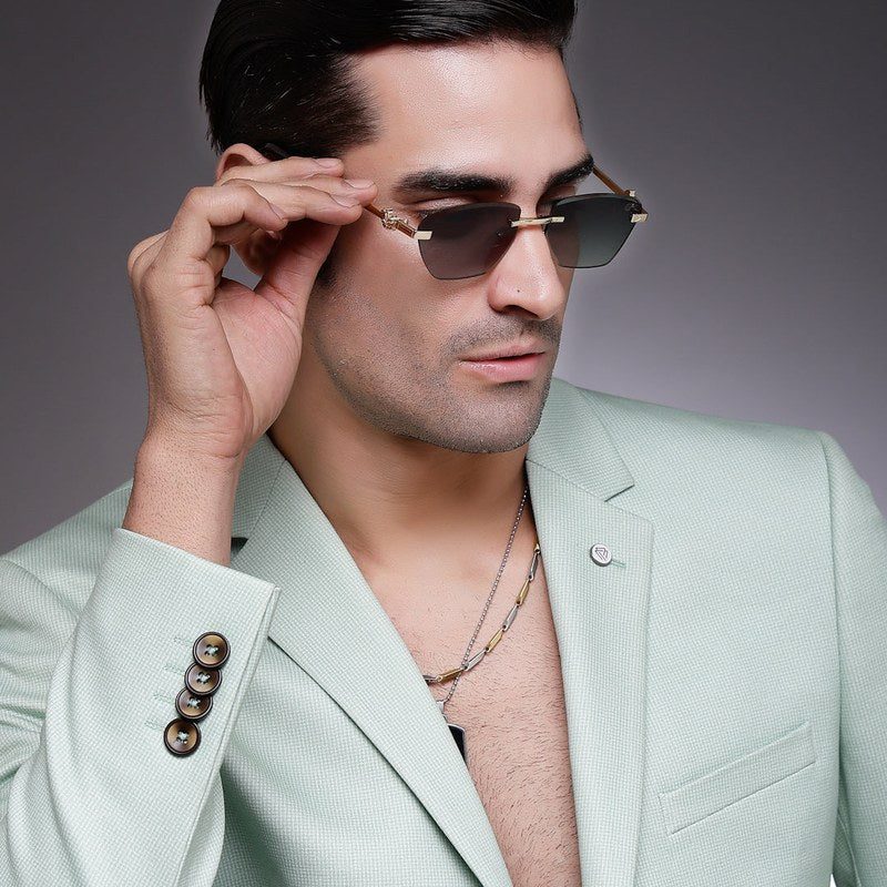 Pyrion Green Medium Rim Less Rectangle Sunglasses for Men — Hashtag Eyewears