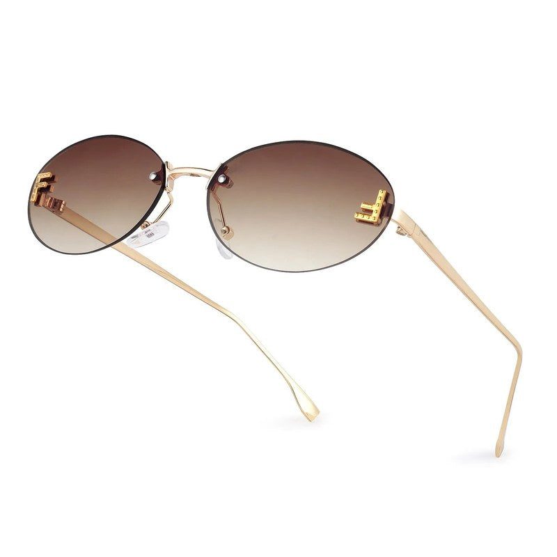 Quasar Gradient Brown & Yellow Small Rim Less Oval Sunglasses for Women — Hashtag Eyewears
