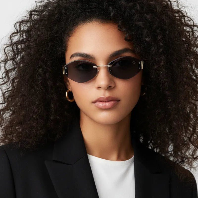 SEVA Golden Black Medium Rim Less Diamond with Lock Side Hinges Sunglasses for Men & Women — Hashtag Eyewears