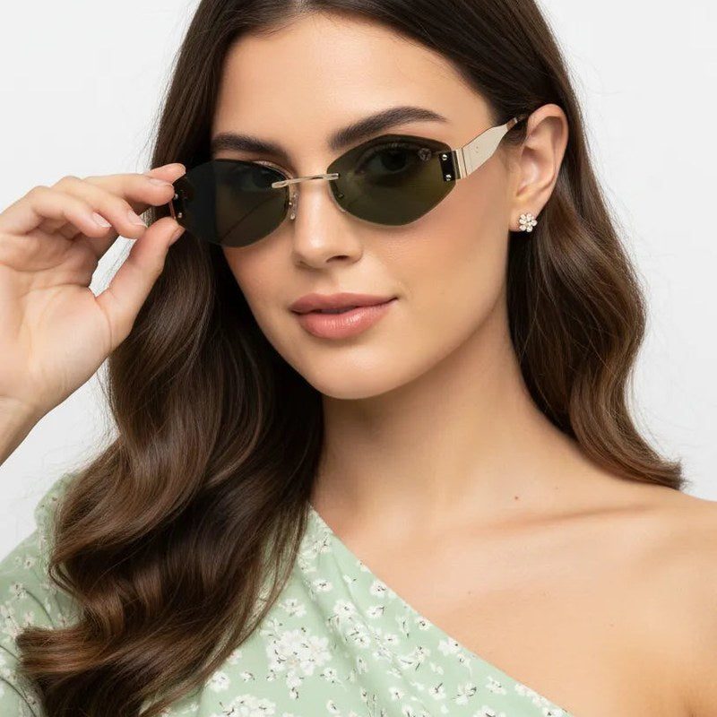 SEVA Golden Green Medium Rim Less Diamond with Lock Side Hinges Sunglasses for Men & Women — Hashtag Eyewears