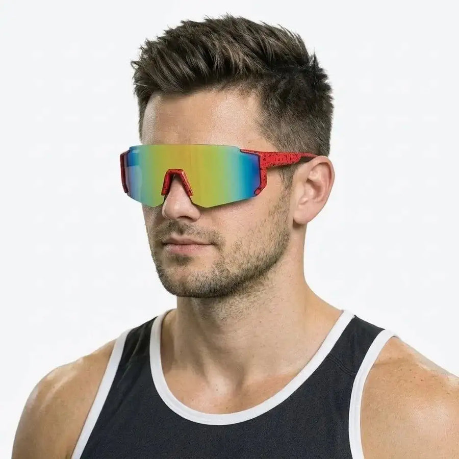 Strix | Red/ Black/ Texture Large Full Rim Shield Sports Sunglasses for Men & Women [UV-protected]