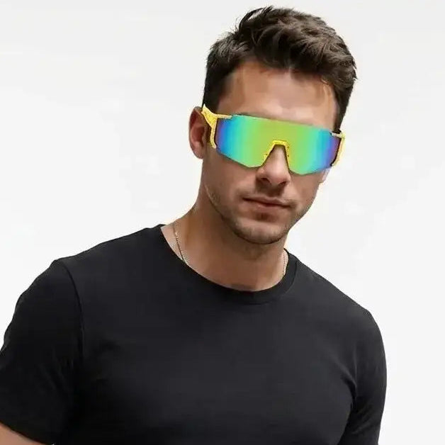 Strix | Yellow/Red/Texture Large Full Rim Shield Sports Sunglasses for Men & Women [UV-protected]