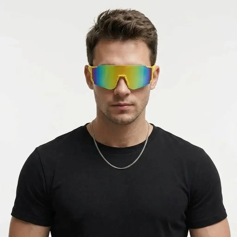 Strix | Yellow/Red/Texture Large Full Rim Shield Sports Sunglasses for Men & Women [UV-protected]