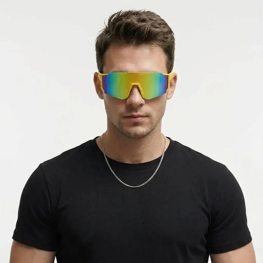 Strix | Yellow/Red/Texture Large Full Rim Shield Sports Sunglasses for Men & Women [UV-protected]
