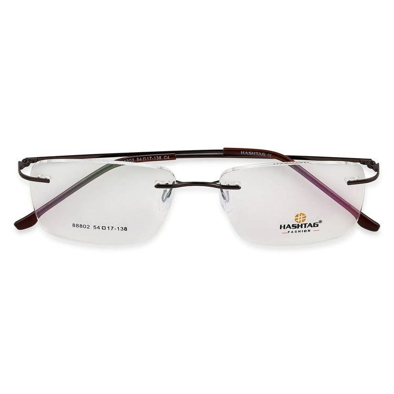Thin Line Brown Medium Rim Less Rectangle Eyeglasses for Unisex — Hashtag Eyewears