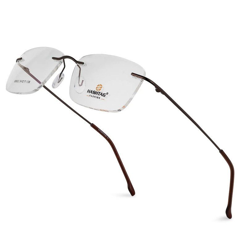 Thin Line Brown Medium Rim Less Rectangle Eyeglasses for Unisex — Hashtag Eyewears