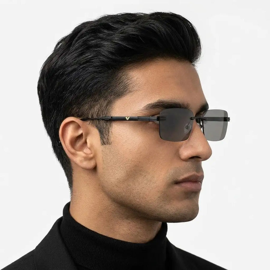 Veyra | Black Medium Rim Less Rectangle Sunglasses for Men [UV-protected]