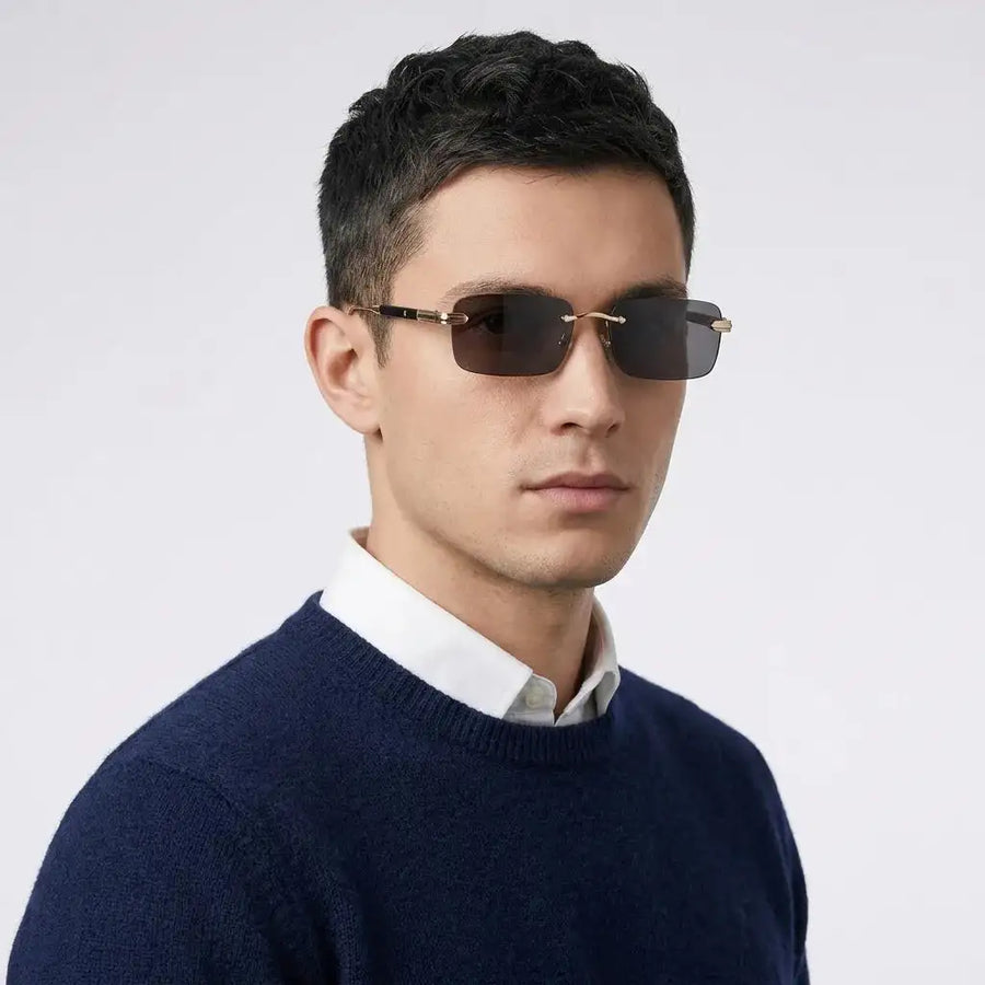 Veyra | Golden Medium Rim Less Rectangle Sunglasses for Men [UV-protected]