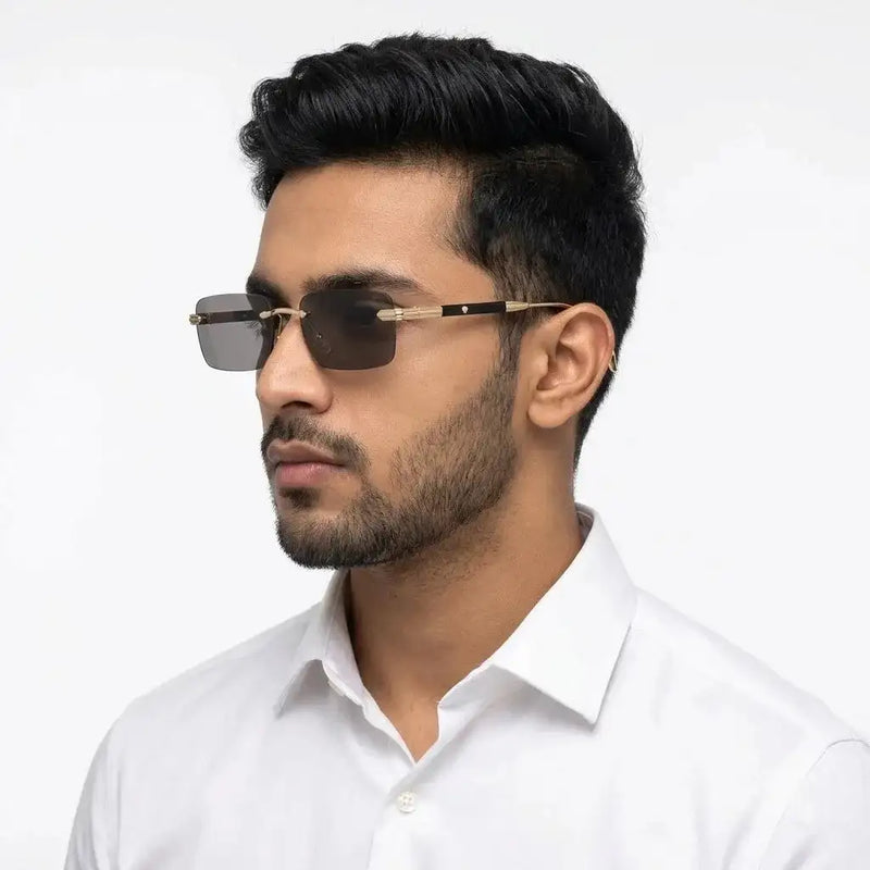 Veyra | Golden Medium Rim Less Rectangle Sunglasses for Men [UV-protected]