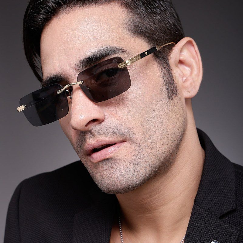 Veyra Golden Medium Rim Less Rectangle Sunglasses for Men — Hashtag Eyewears