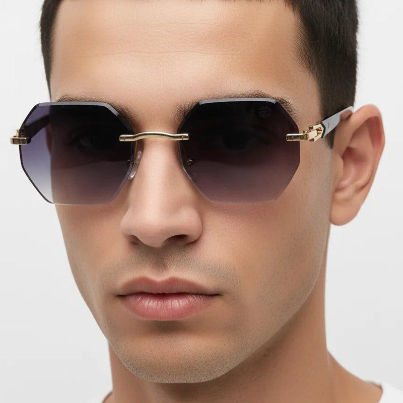 VisionVogue Gradient Black Medium Rim Less Hexagonal Sunglasses for Men & Women — Hashtag Eyewears
