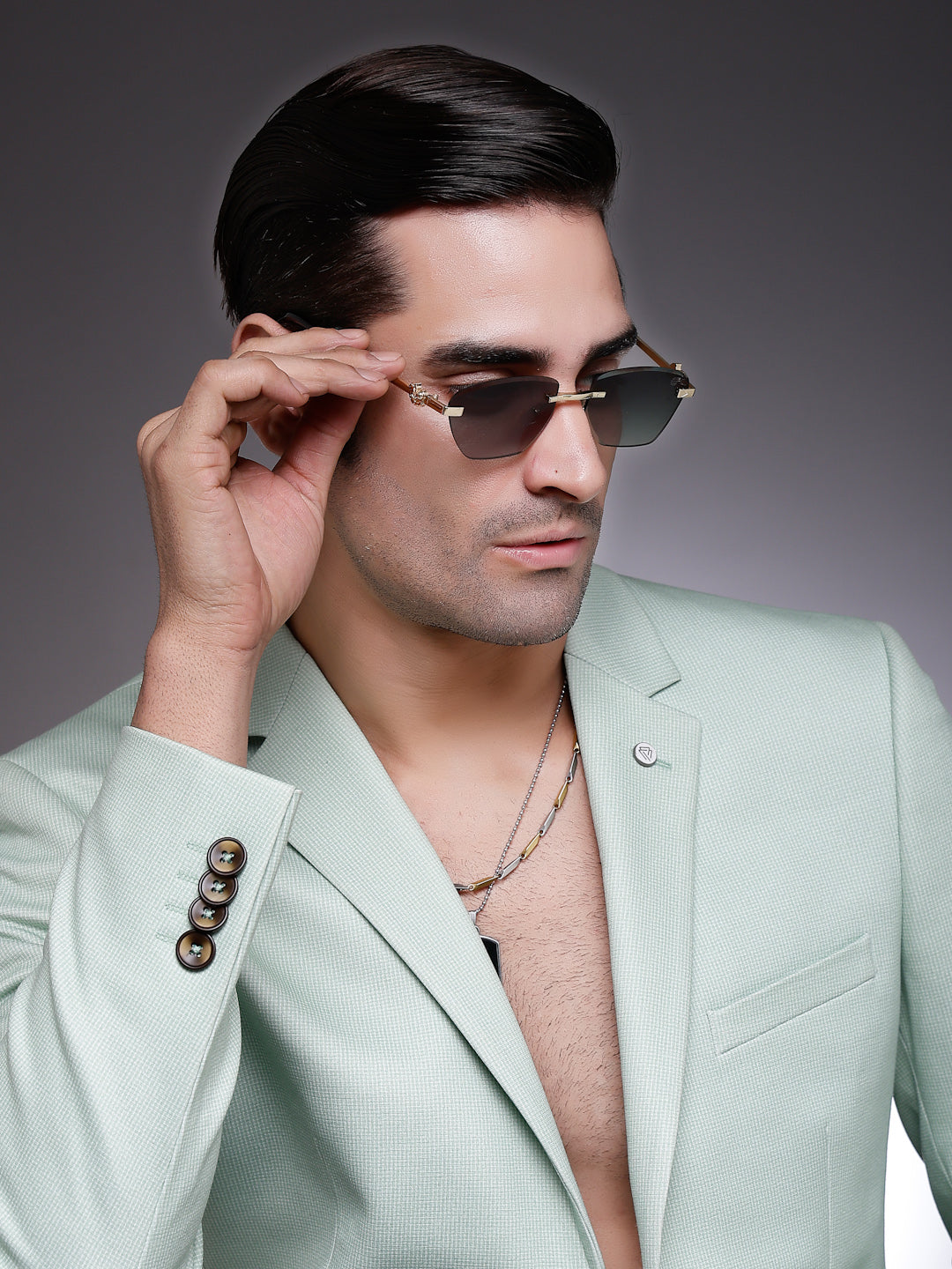 Pyrion | Green Medium Rim Less Rectangle Sunglasses for Men [UV-protected]