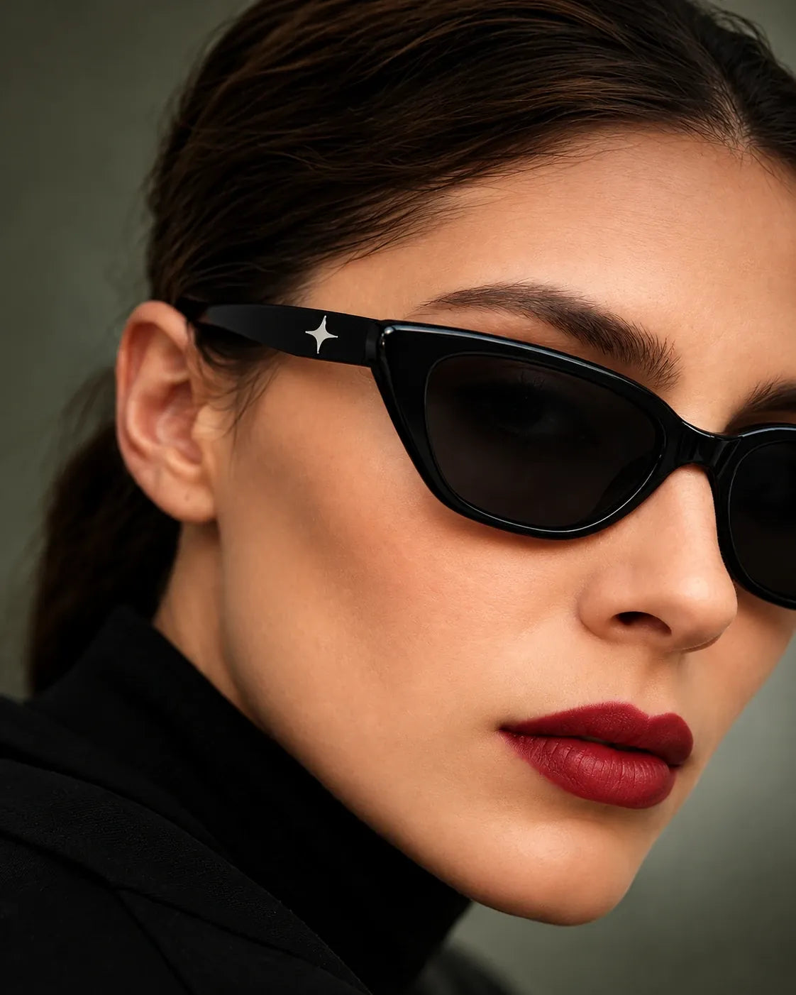 Woman in black cat-eye sunglasses